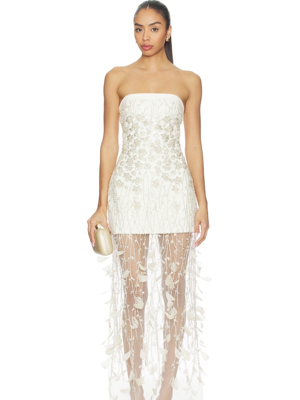 Strapless White Embellished Mini Dress with Sheer Fringe Skirt